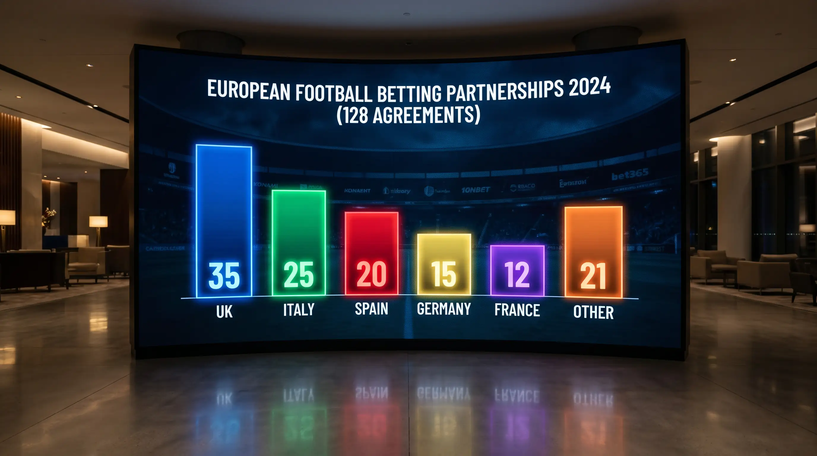 Grafico dei 128 accordi tra bookmaker e club calcio europei nel 2024 per campionato e valore
