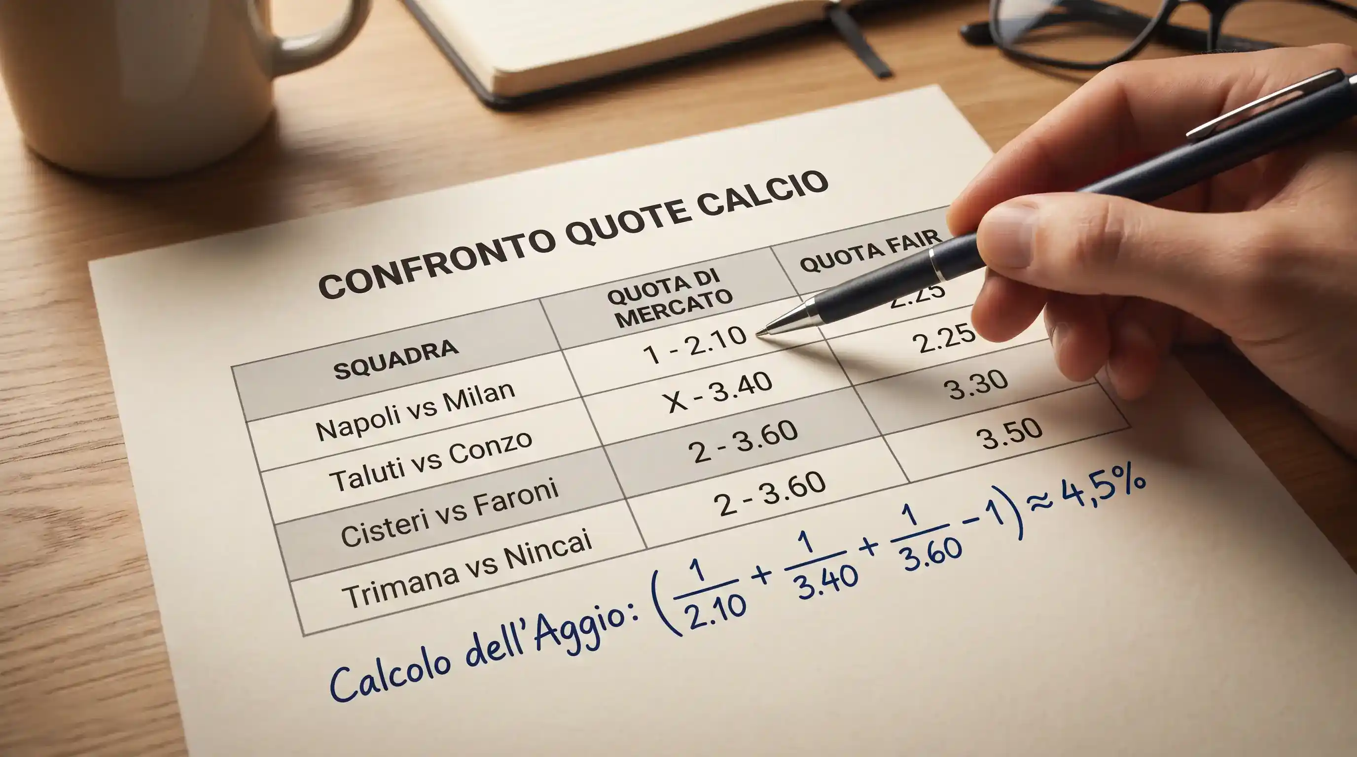 Documento con calcolo dell'aggio bookmaker e confronto tra quota di mercato e quota fair su scommessa calcio