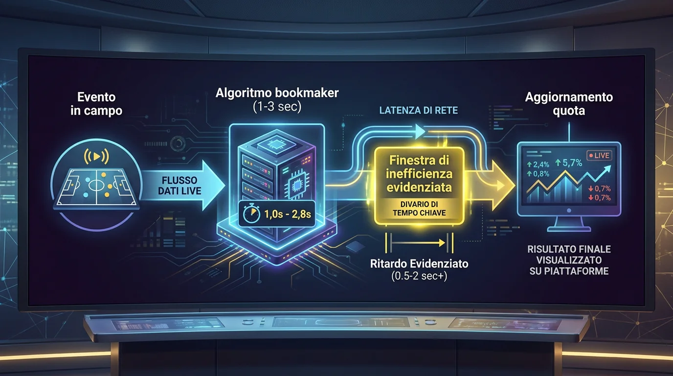 Diagramma flusso aggiornamento quote live calcio con latenza da evento reale a bookmaker, finestra di inefficienza evidenziata
