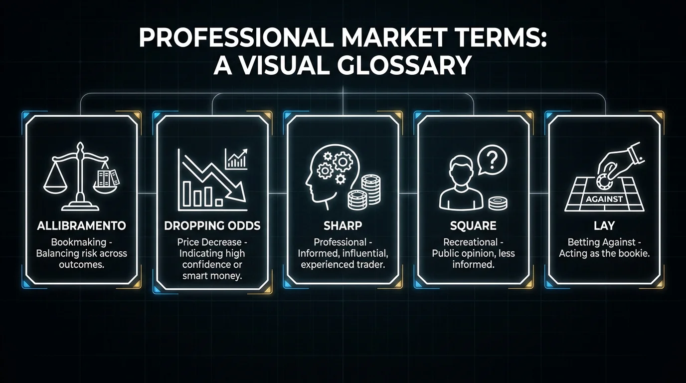 Schema dei termini di mercato professionali: allibramento dropping odds sharp square e lay