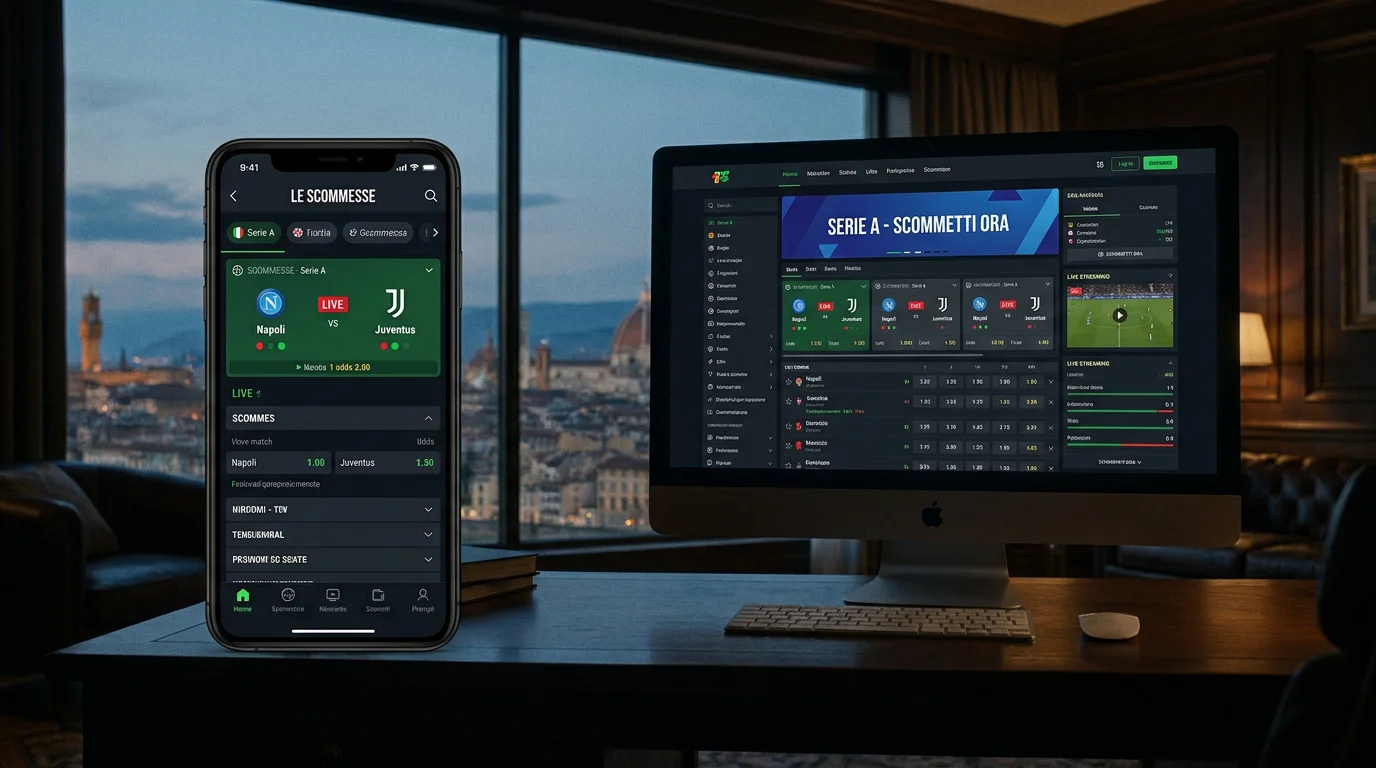 Confronto tra l'interfaccia mobile e desktop di una app bookmaker per scommesse calcio in-play