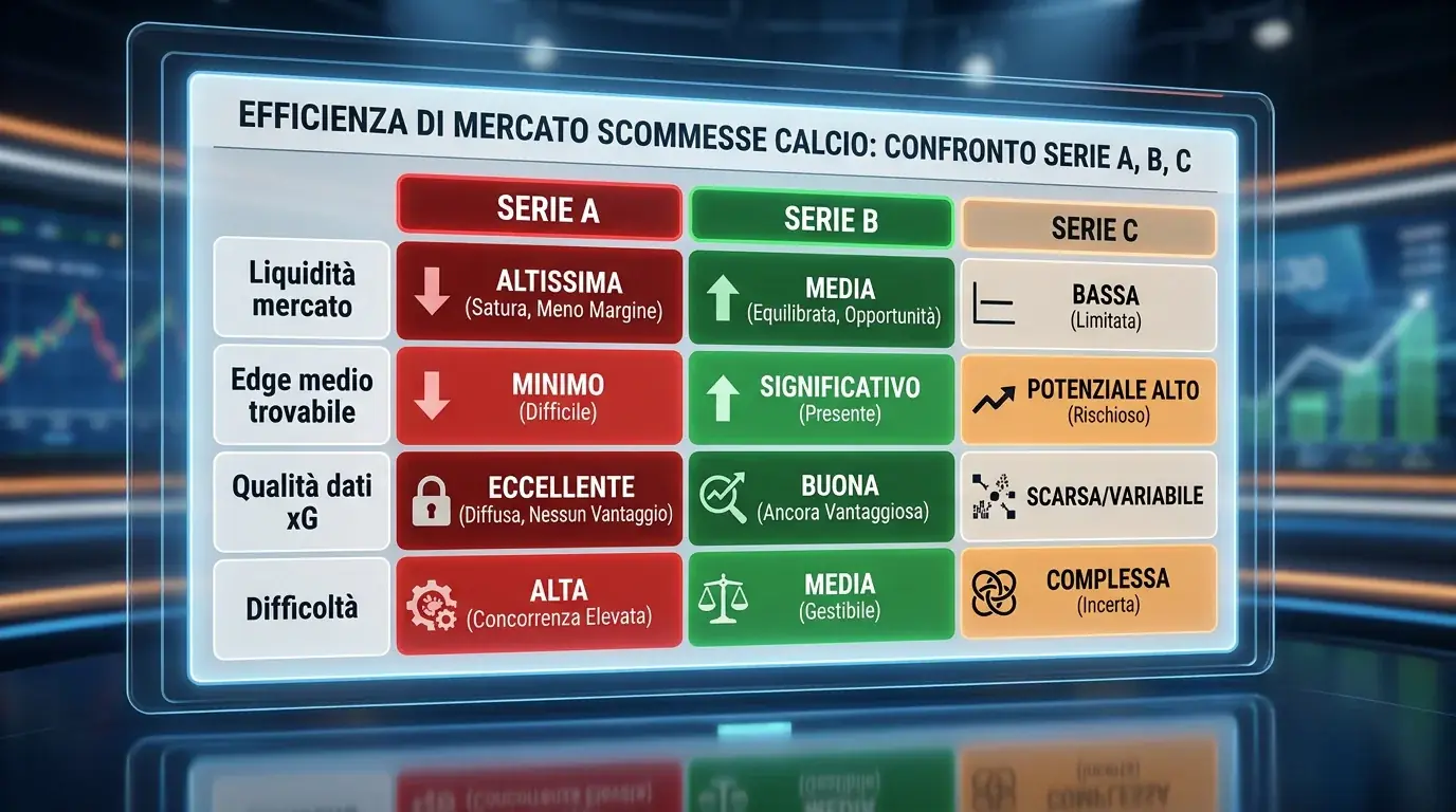 Tabella comparativa efficienza mercato scommesse calcio Serie A vs Serie B con edge medio trovabile per categoria