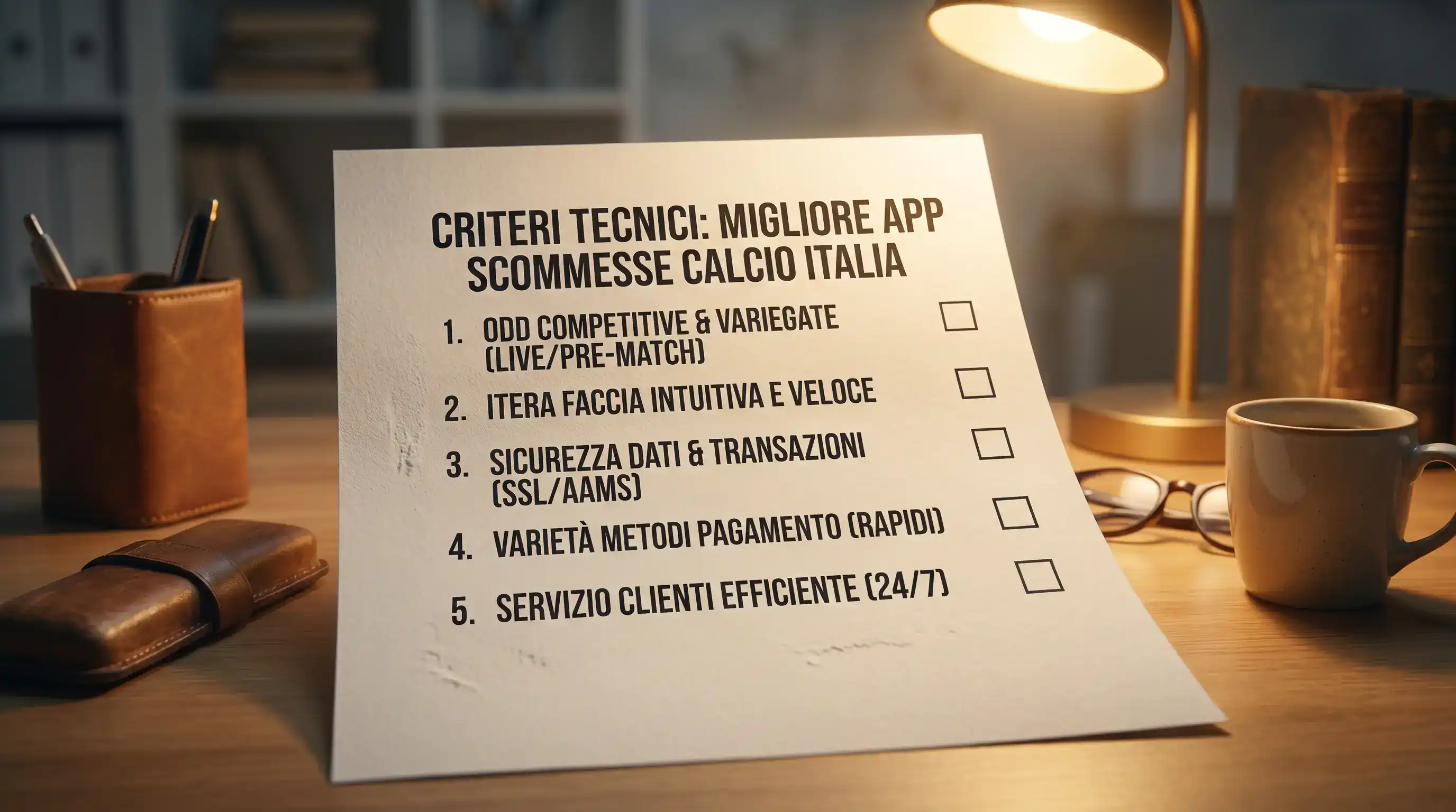 Schema dei cinque criteri tecnici per scegliere la migliore app di scommesse calcio