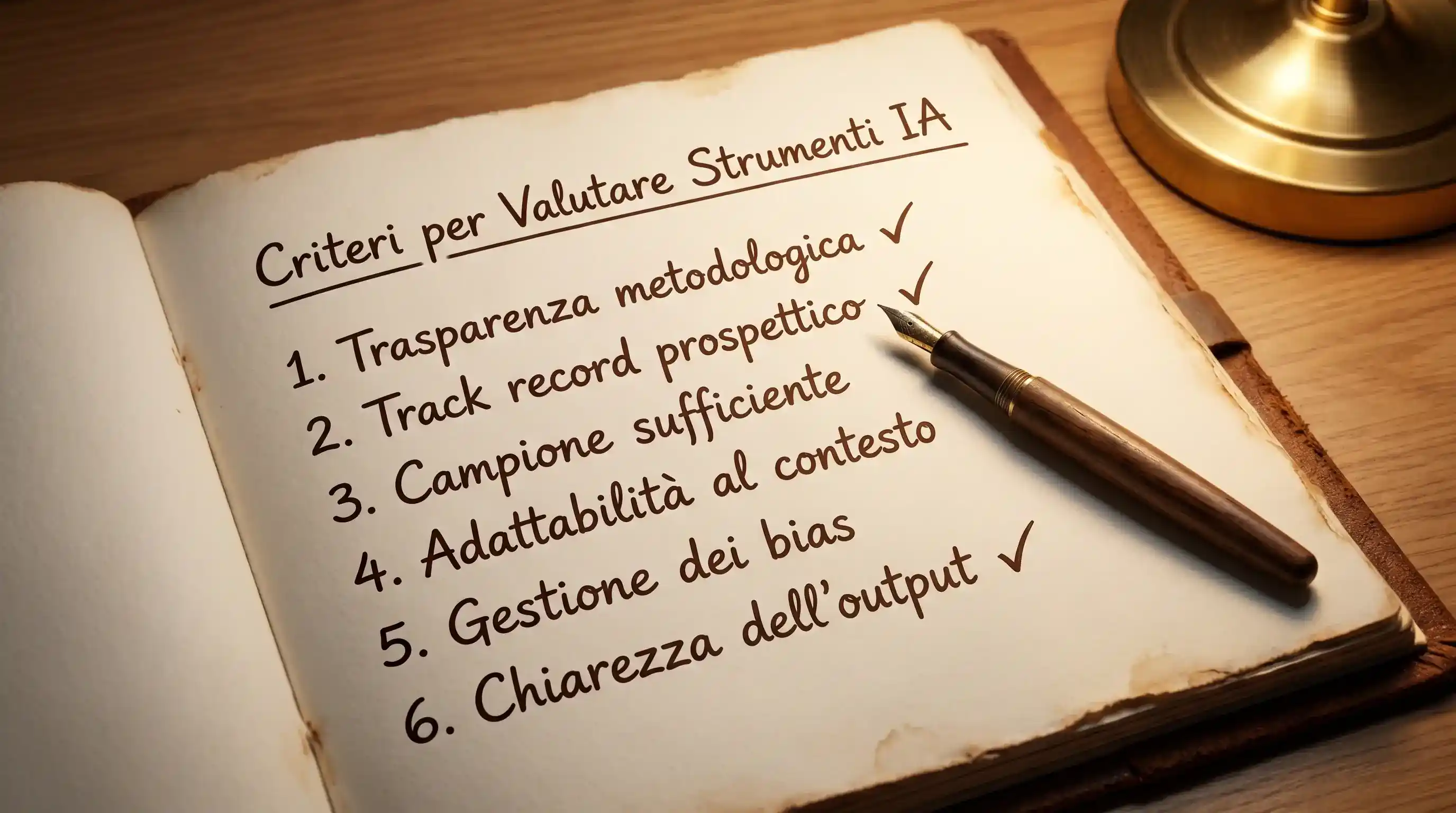 Checklist su taccuino con 6 criteri oggettivi per valutare strumenti IA per scommesse calcio, spunta verde accanto ai punti principali
