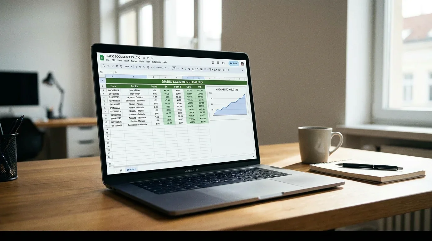 Foglio Google con tabella puntate calcio compilata, colonne data, quota, EV, stake, esito, grafici yield mensile