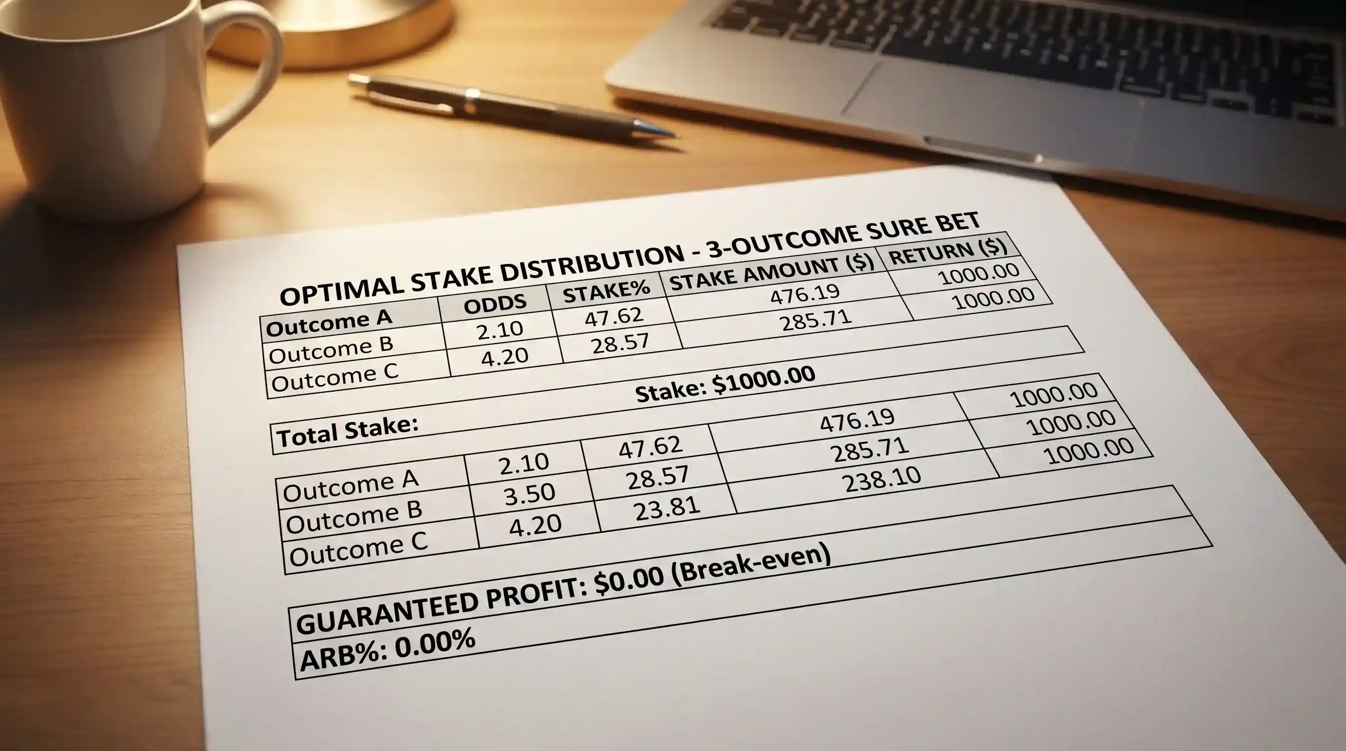 Calcolo della distribuzione ottimale delle puntate per il sure bet su tre esiti di una partita calcio