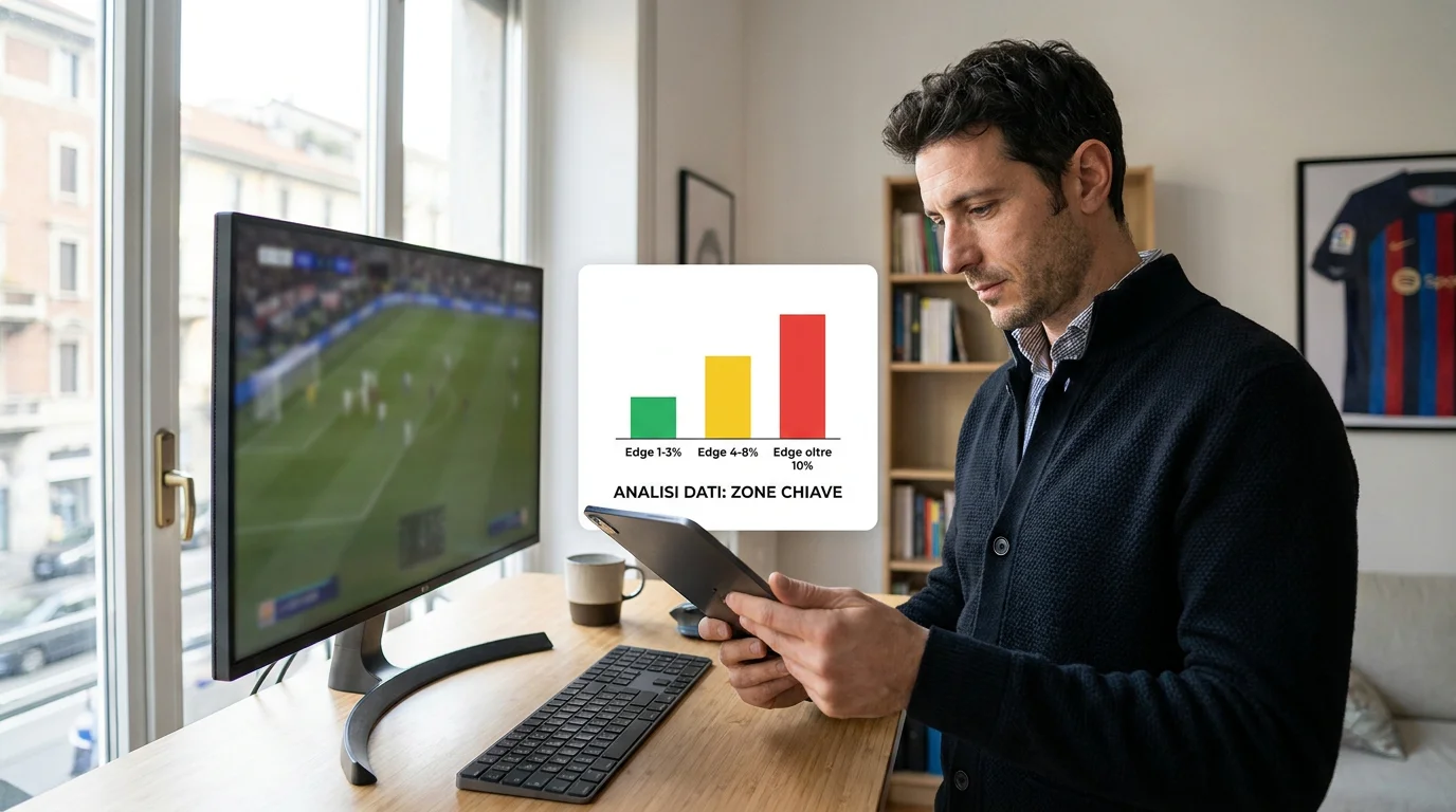 Analista sportivo con tablet che confronta edge range 1-3% e 4-8% su tabella scommesse calcio