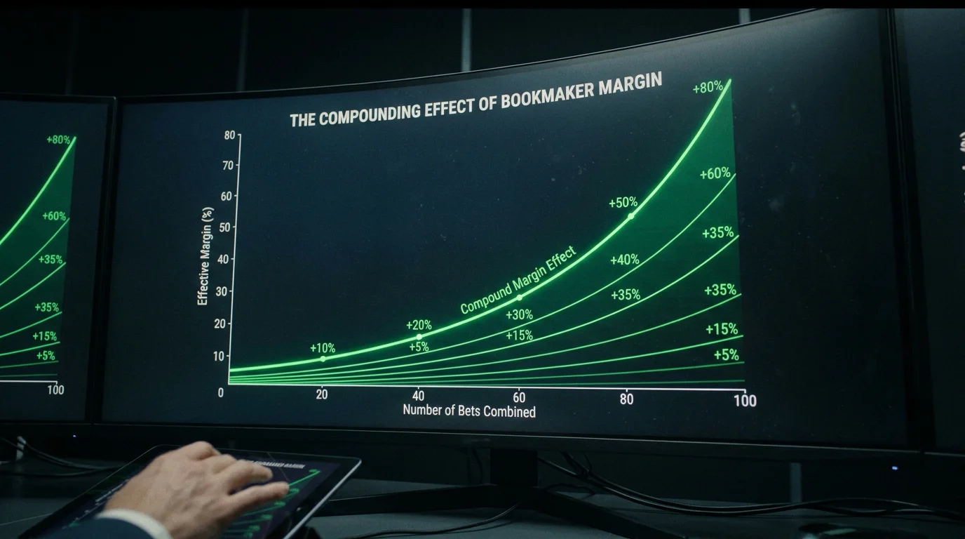 Grafico dell'effetto composto del margine bookmaker sulle scommesse multiple nel calcio