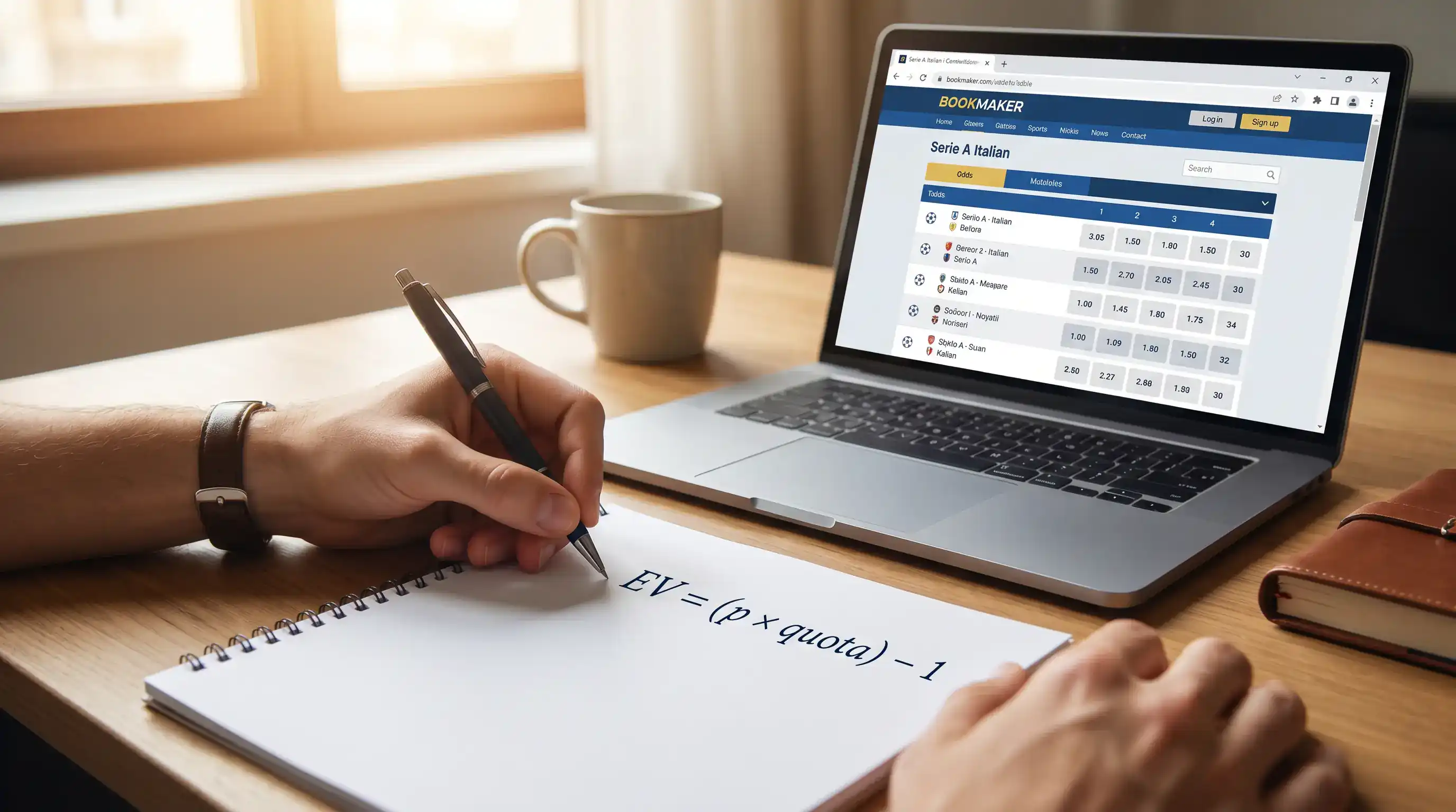 Foglio con formula EV scritta a mano accanto a schermo con partita di Serie A e quote bookmaker