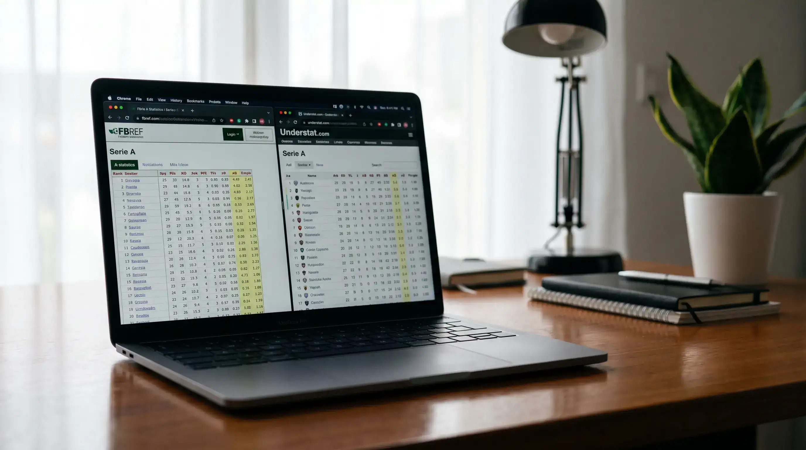 Schermate di FBref e Understat con statistiche xG per squadre di Serie A, dati aperti su laptop analista
