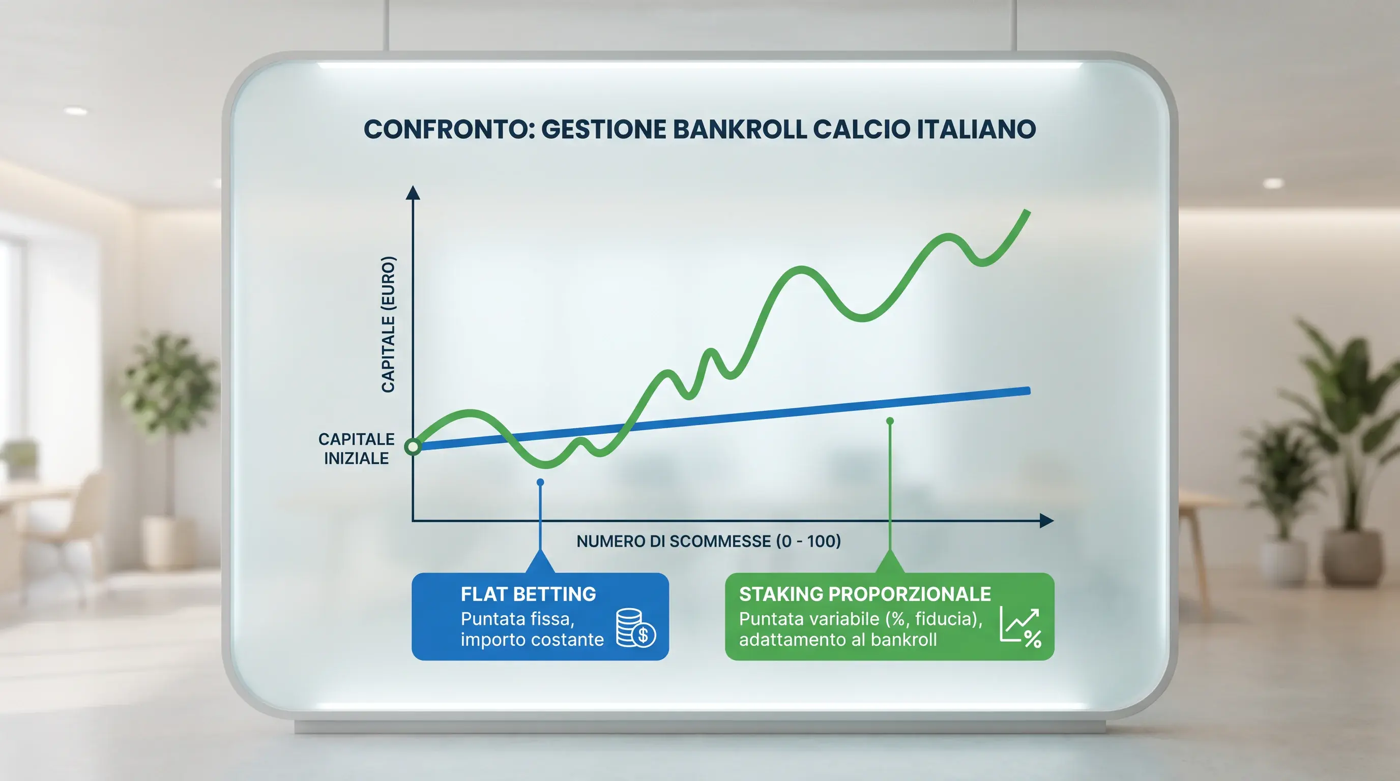 Schema comparativo flat betting contro staking proporzionale con curva bankroll su 100 puntate calcio