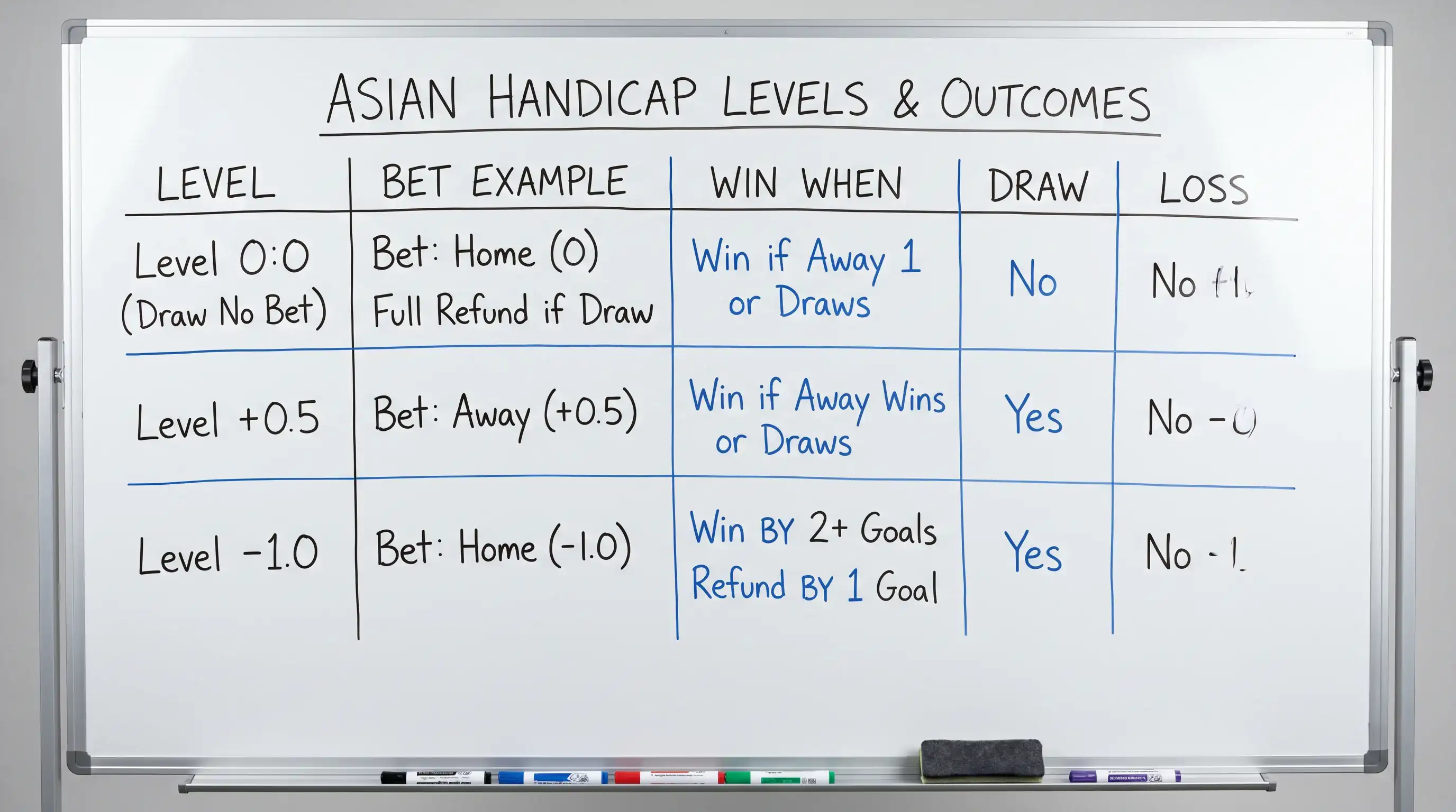 Schema dei livelli di handicap asiatico nel calcio con esempi di esito e rimborso
