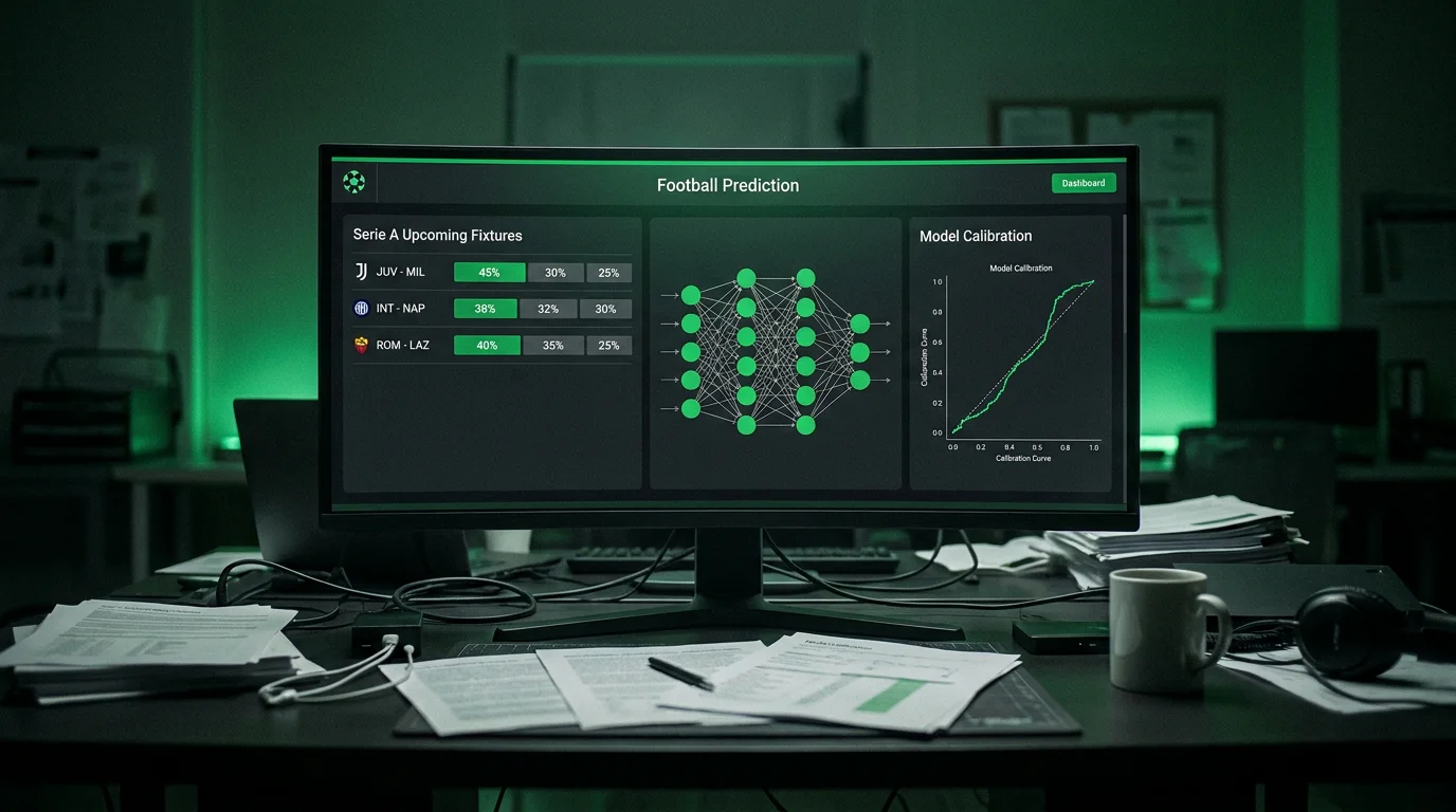 Schermata di software predittivo con probabilita di esito partite di calcio e indicatori statistici