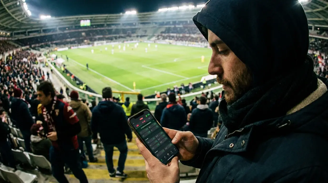 Tifoso segue partita di calcio in uno stadio con smartphone aperto su piattaforma live betting