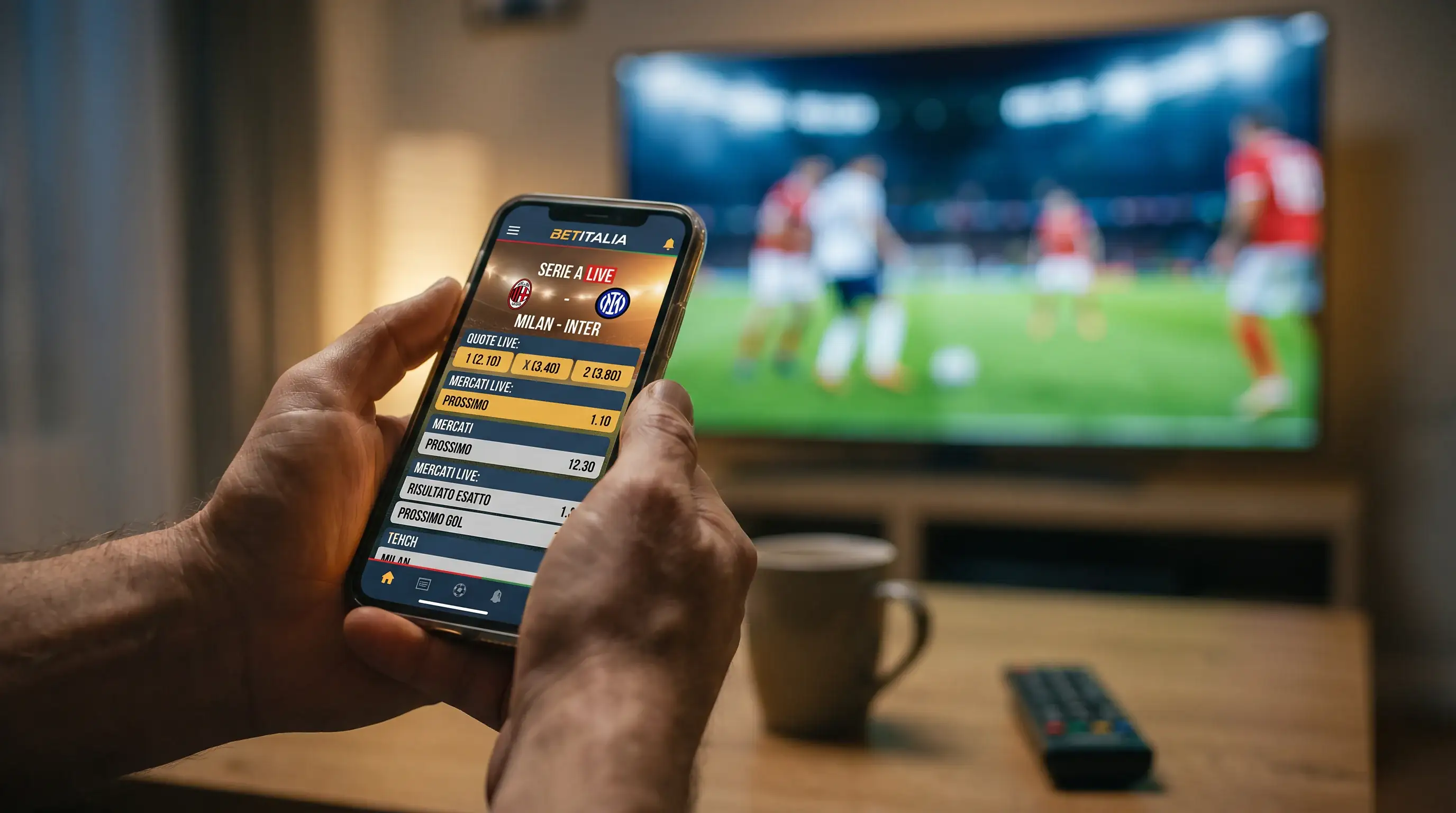 Mano che tiene smartphone con app scommesse live durante partita di calcio italiana, notifiche quote in tempo reale sullo schermo