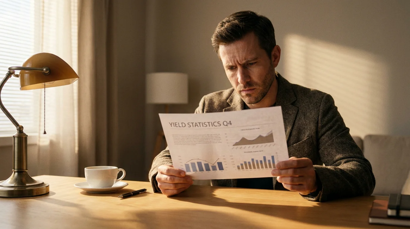 Uomo che analizza dati scommesse calcio su documento con grafici di yield a lungo periodo