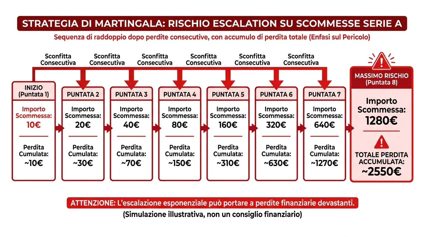 Sequenza di puntate raddoppiate con schema Martingala che mostra accumulo perdite crescenti fino a rovina bankroll