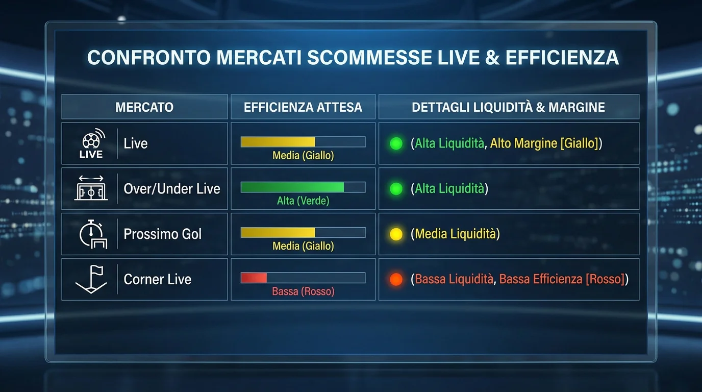 Tabella comparativa mercati live calcio con liquidità e efficienza per 1X2, prossimo gol, corner, cartellini