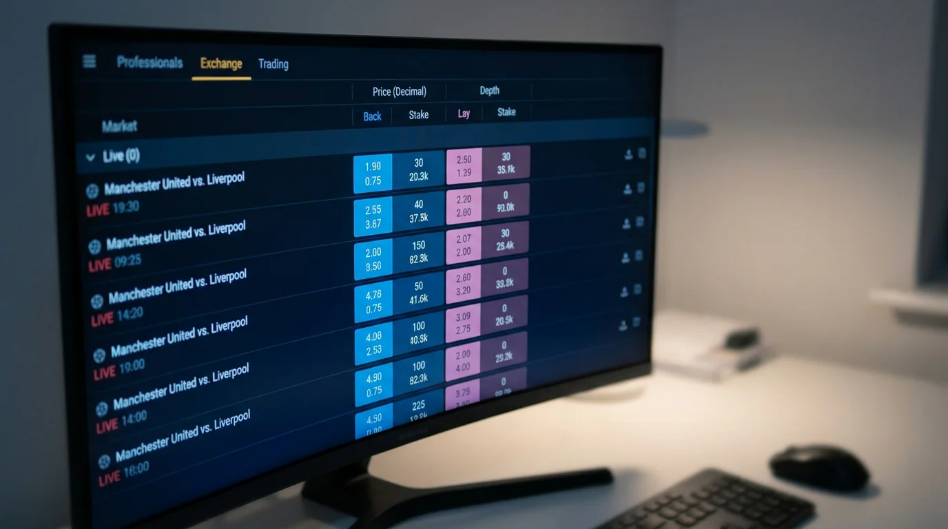 Schermata del mercato peer-to-peer Betfair su una partita di calcio con back lay e commissioni