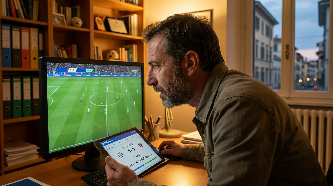 Analista di calcio che monitora xG live accumulato su Sofascore durante partita 0-0 al 35 minuto, strategia over ritardato in azione