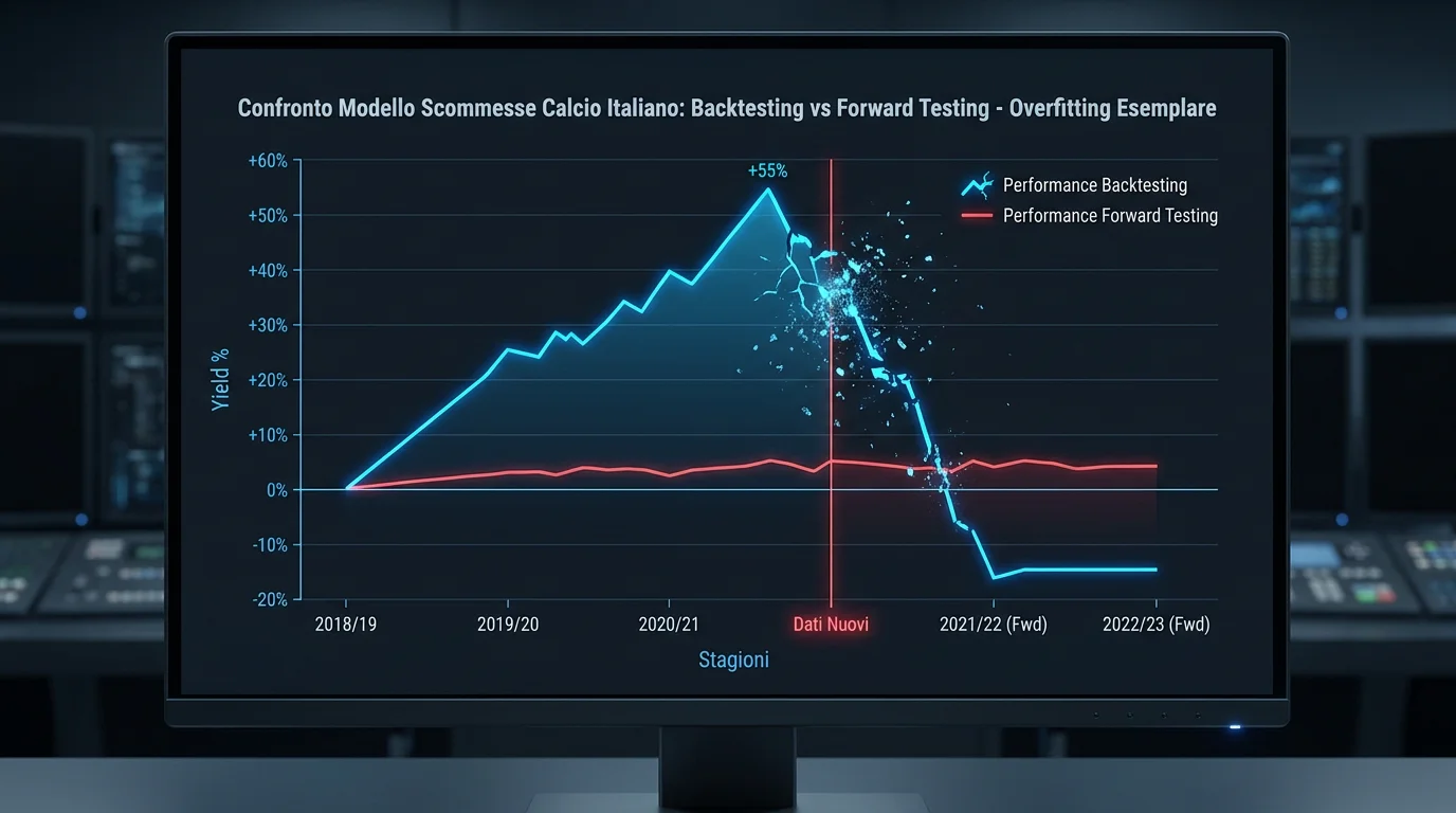 Grafico che mostra performance eccellente in backtesting vs calo nel forward testing, illustrazione overfitting modello predittivo calcio