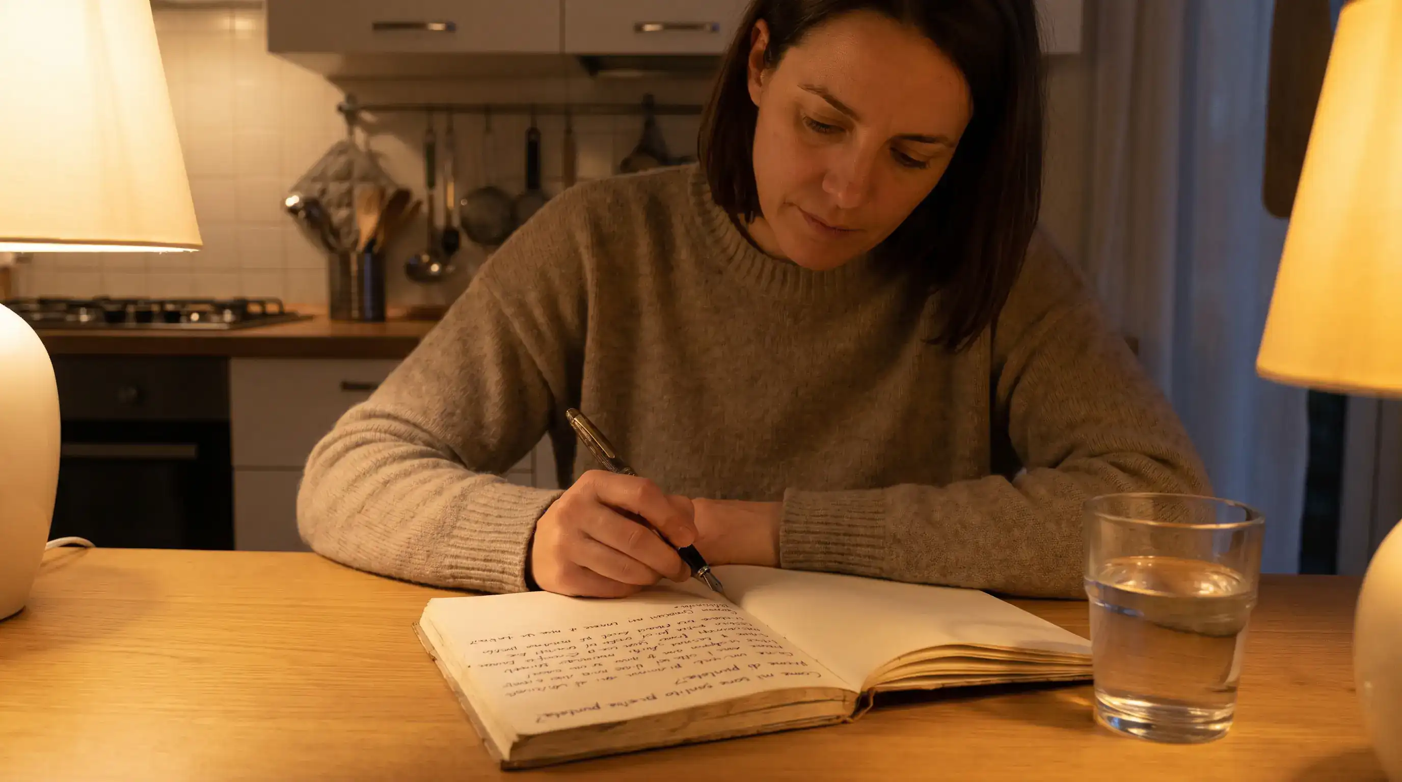 Persona seduta alla scrivania con taccuino di auto-analisi sulle abitudini di scommessa