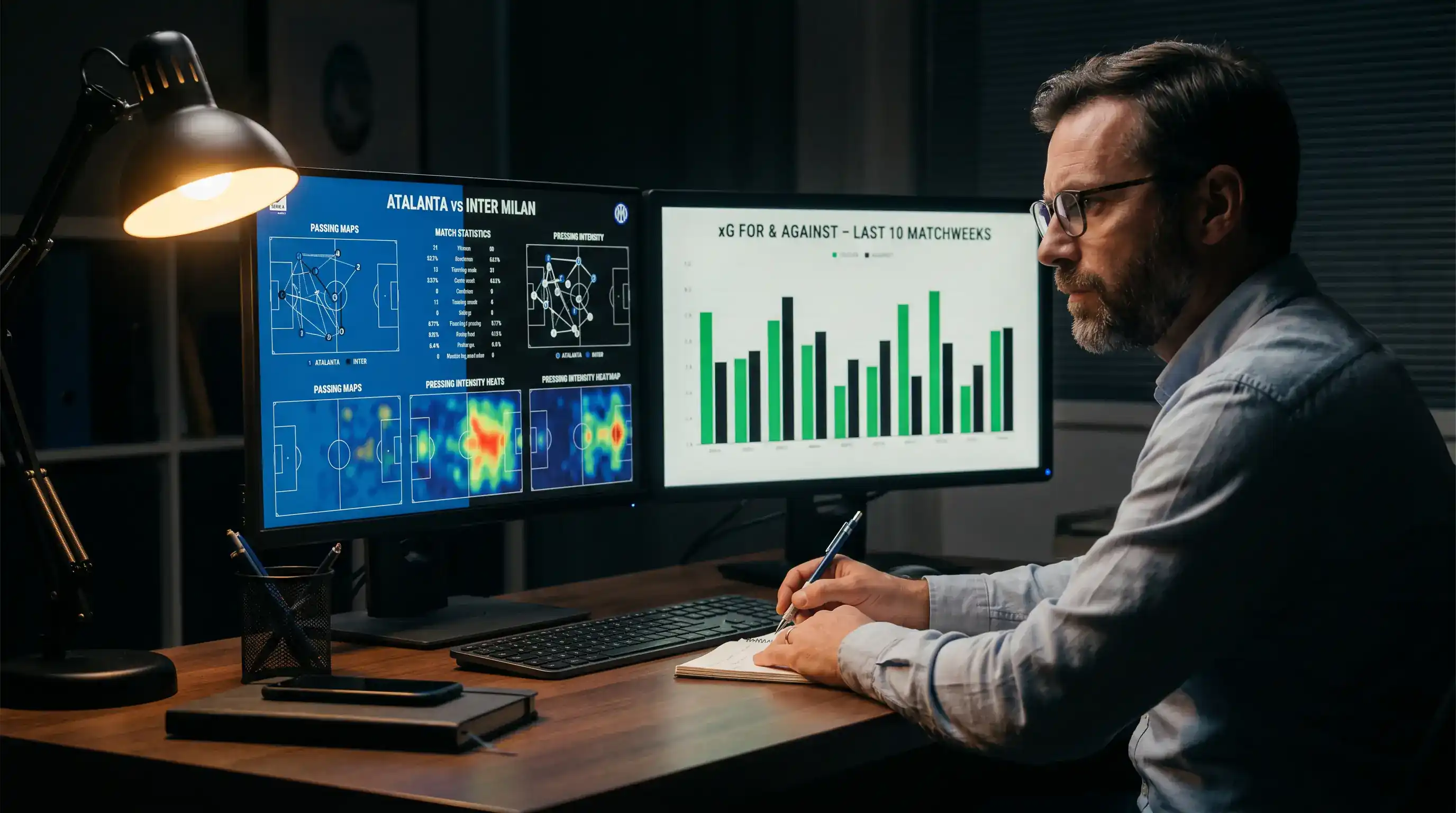 Analista sportivo studia statistiche calcio su computer con grafici xG