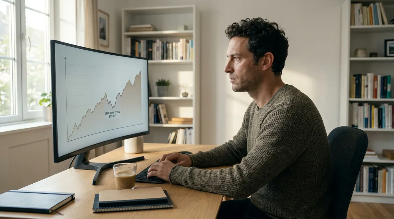 Uomo con espressione concentrata che guarda grafico di andamento bankroll su schermo, postura calma e determinata