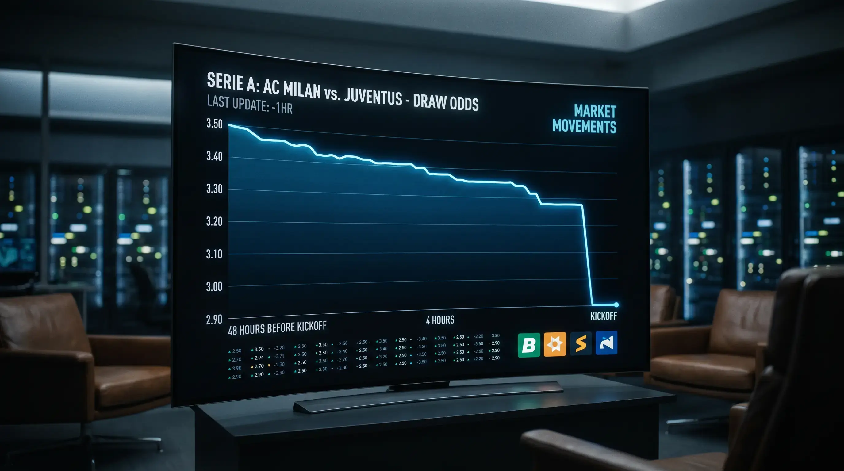 Grafico del movimento delle quote calcio in risposta allo sharp money e alle notizie pre-match
