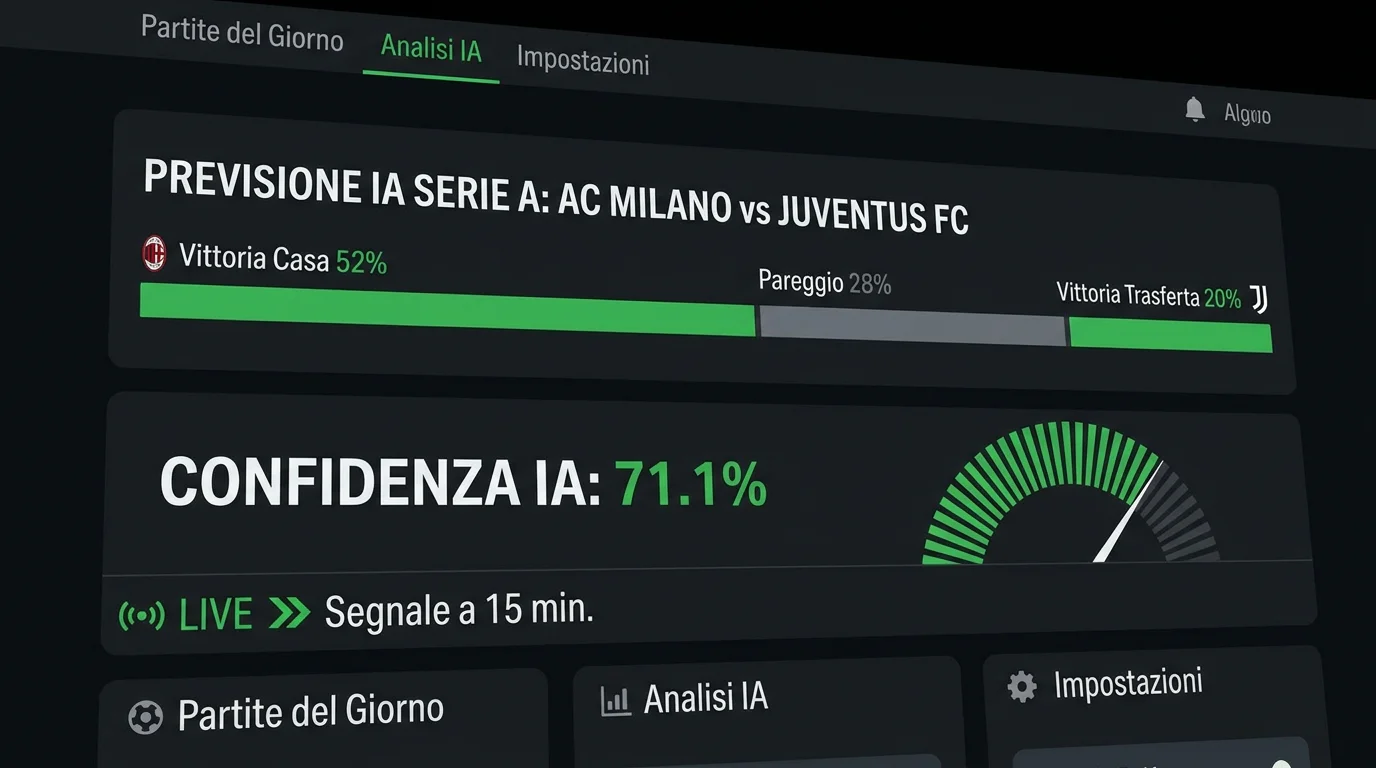 Dashboard Soccer Oracle con previsioni partite Serie A, hit rate 71% e segnali live a 15 minuti dall'inizio