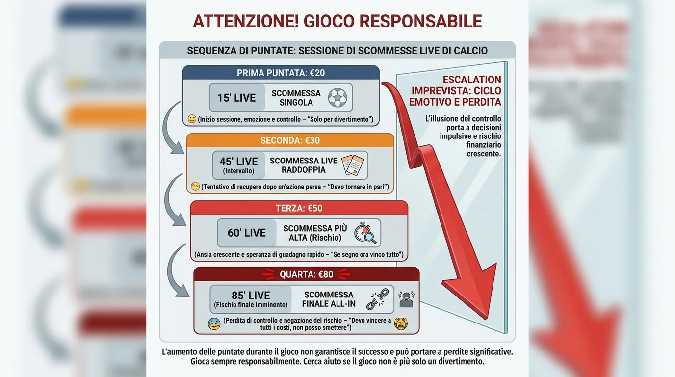 Sequenza visiva di puntate live crescenti in una sessione di scommesse calcio, progressione da 20 a 80 euro per impulso emotivo