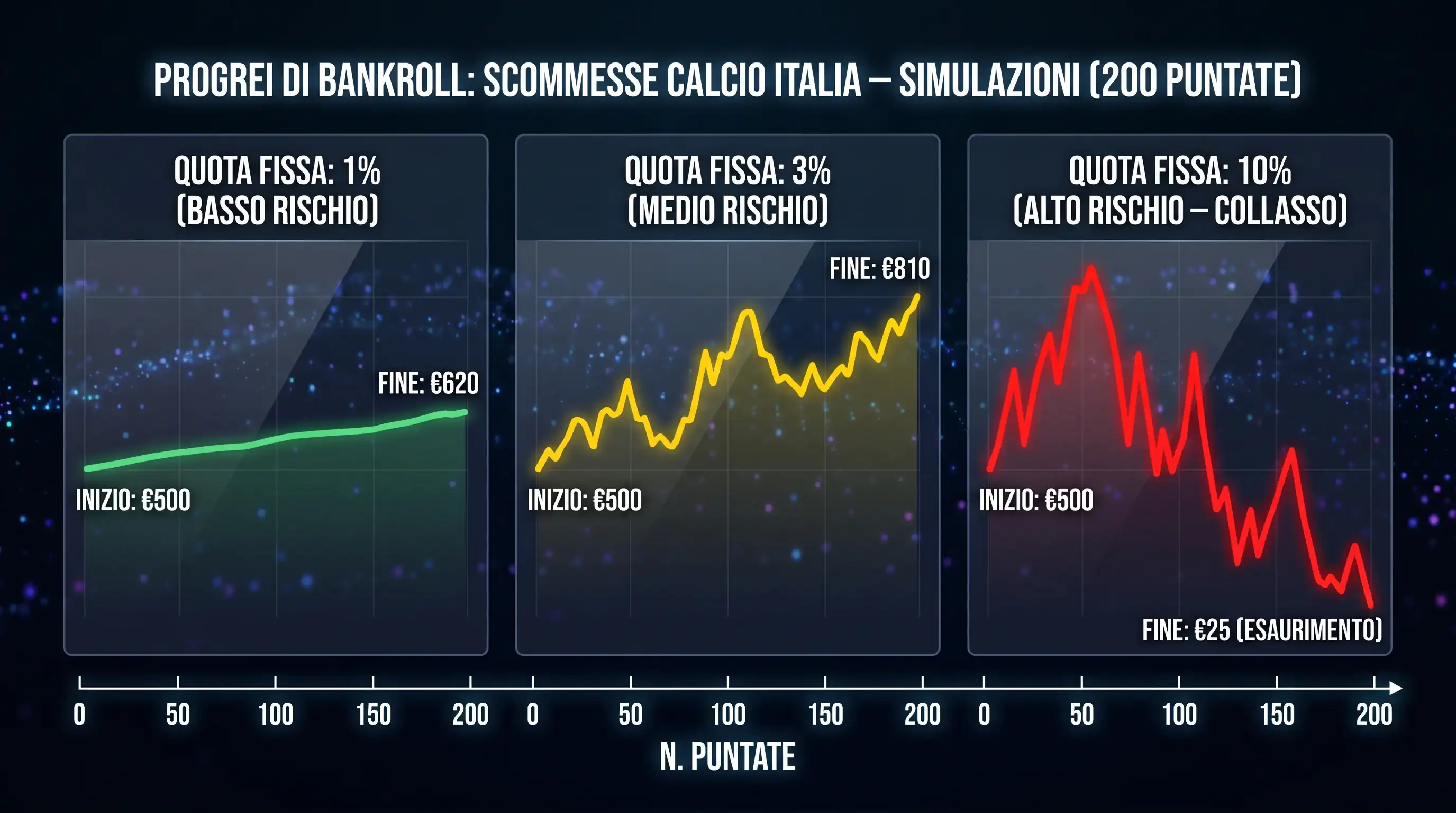 Grafico a barre che mostra crescita del bankroll con stake all'1% e 3%, perdite contenute rispetto a stake al 10%