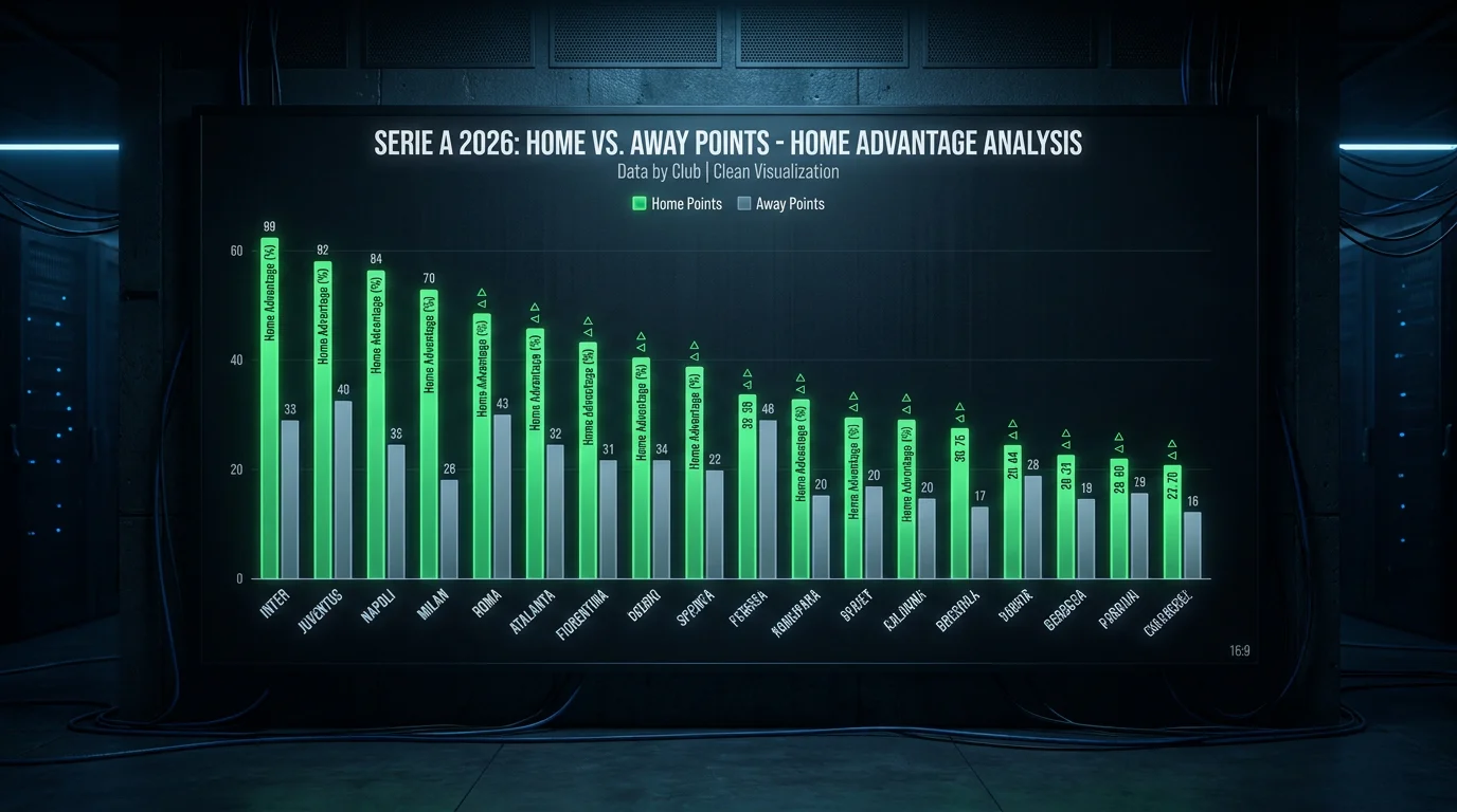 Grafico del vantaggio casalingo in Serie A nel 2026: punti vittorie e gol segnati in casa vs trasferta