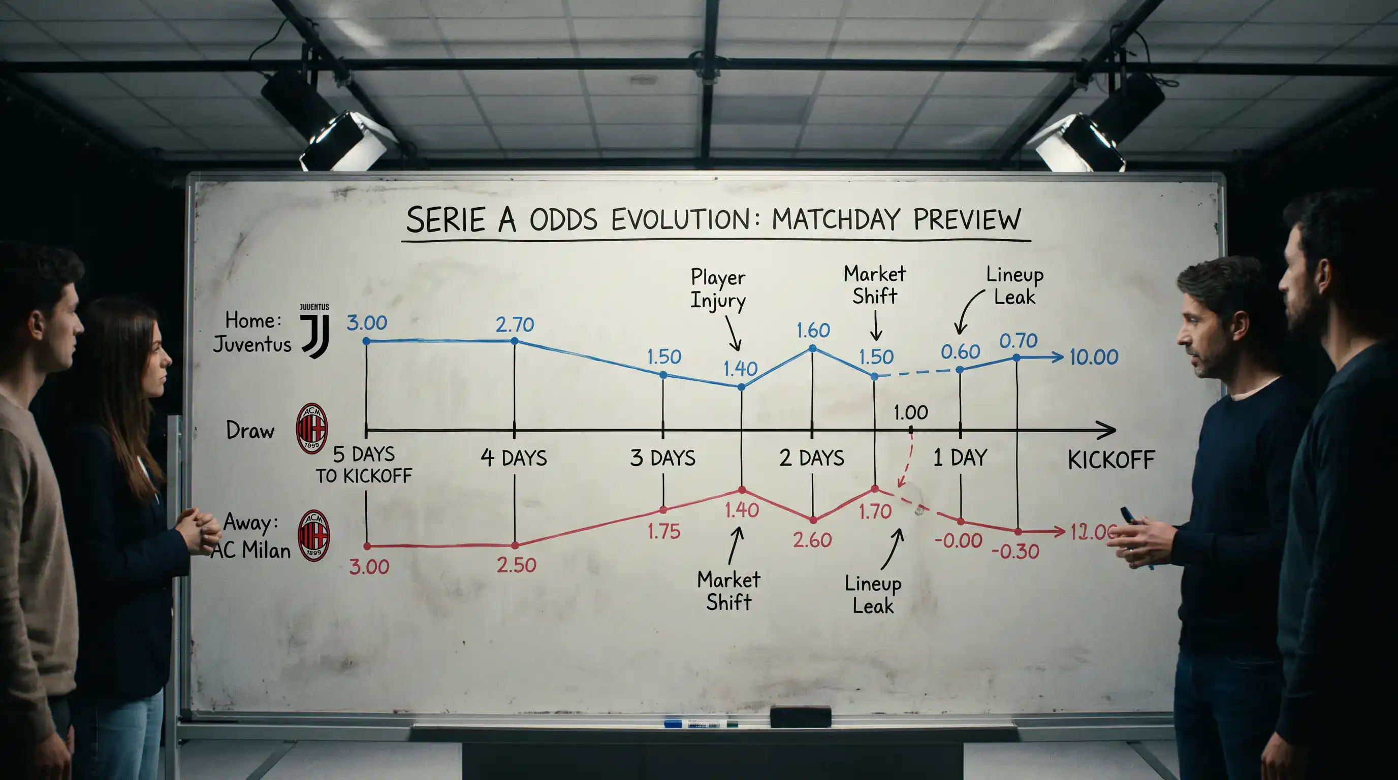 Timeline dell'evoluzione delle quote nelle 48 ore prima di una partita di Serie A