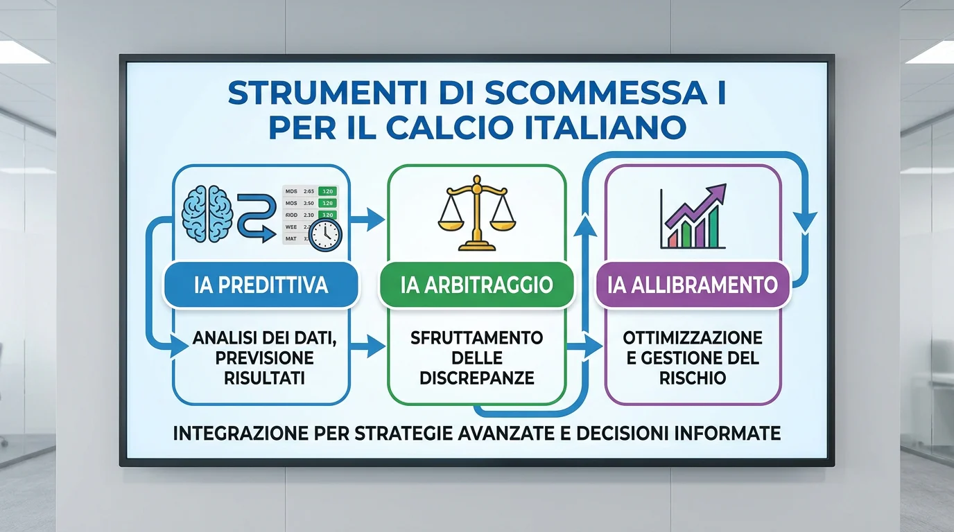 Schema visivo delle tre categorie di IA per scommesse calcio: predittiva, arbitraggio e allibramento con frecce di confronto