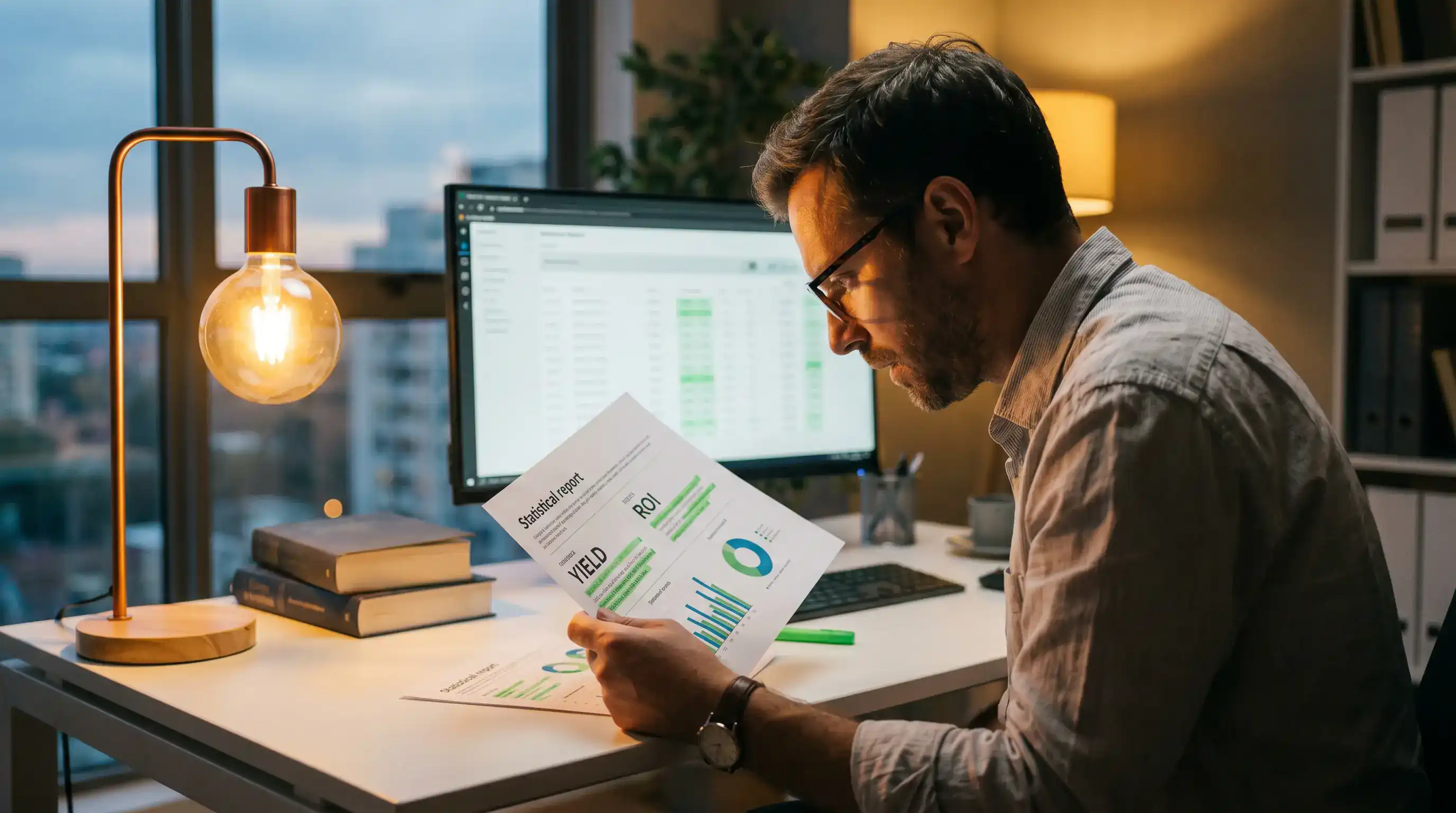 Analista sportivo che esamina statistiche yield e ROI di un tipster su foglio di lavoro