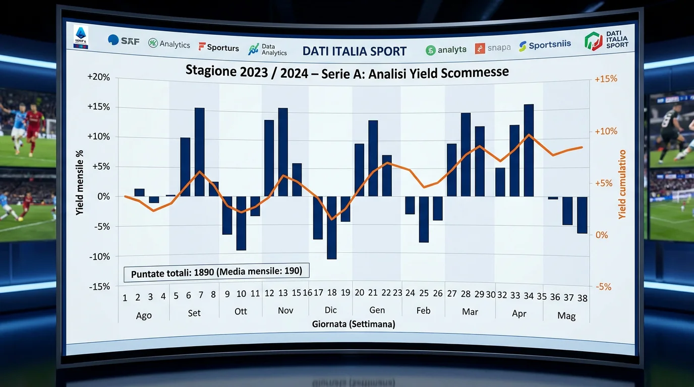 Grafico di rendimento prospettico su una stagione calcio completa con yield mensile e campione puntate in progressione