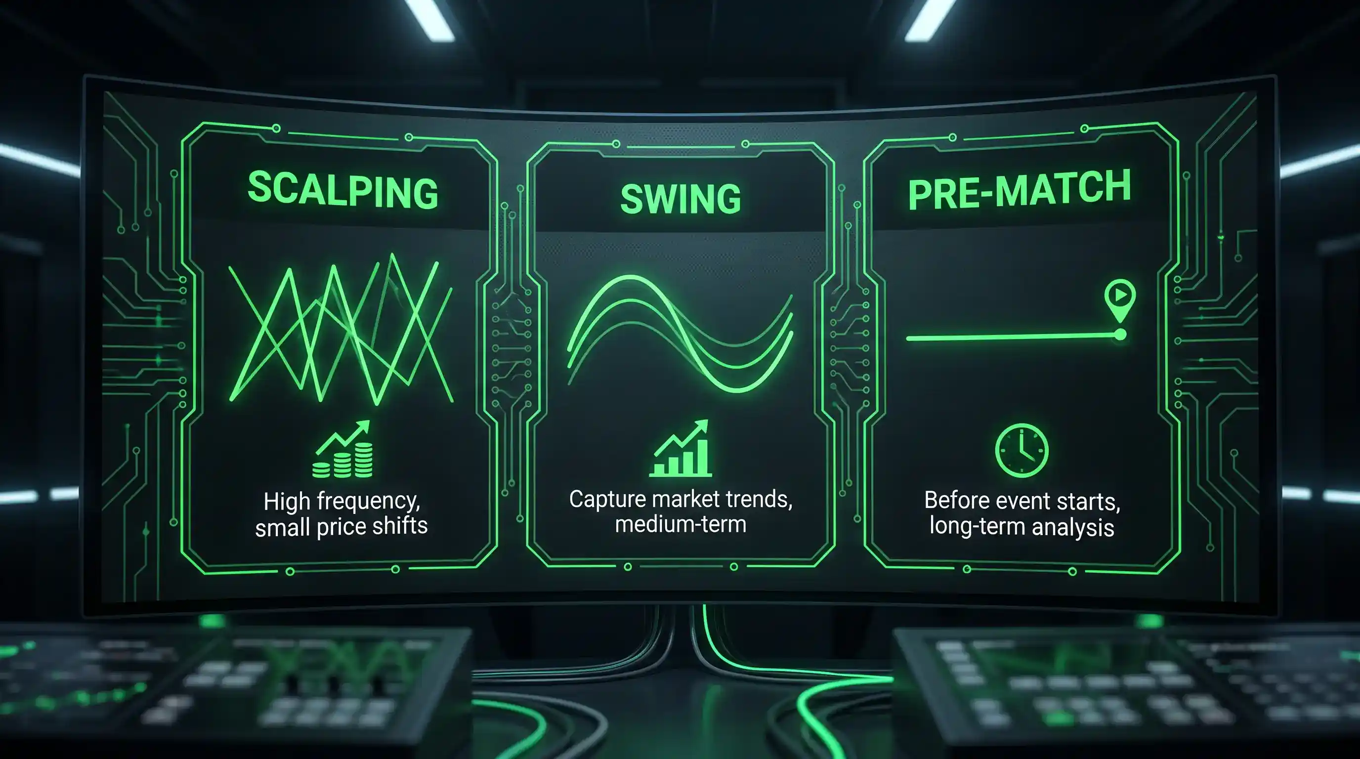 Schema del trading sportivo nel calcio: scalping pre-match swing trading e posizioni in-play