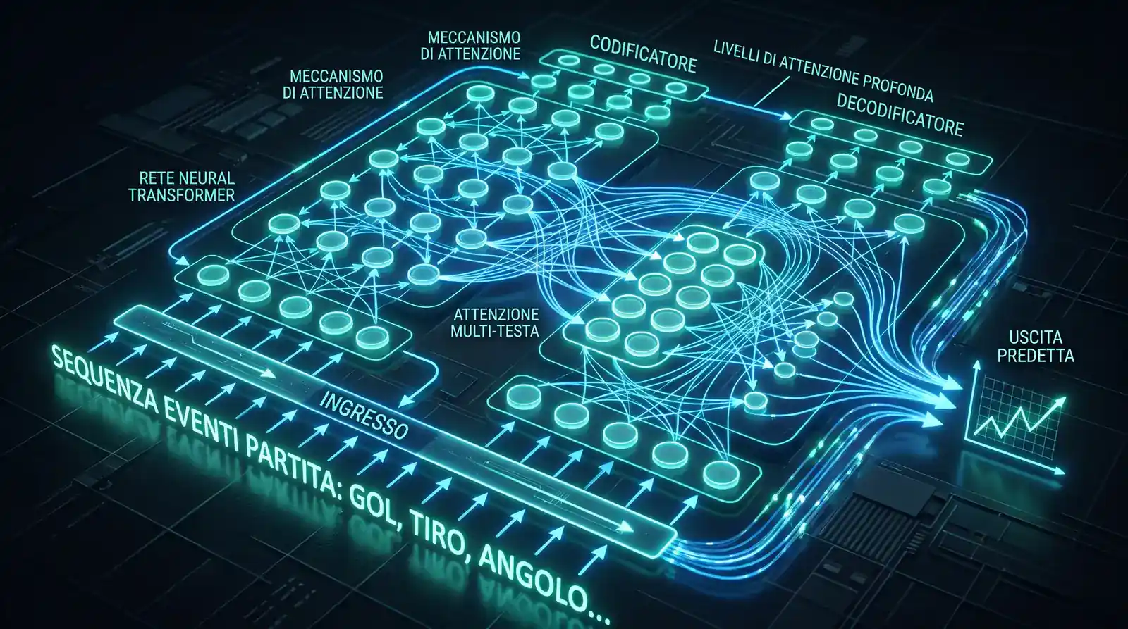 Rappresentazione visiva architettura Transformer con nodi e livelli che elaborano sequenze di eventi calcio per previsioni partita
